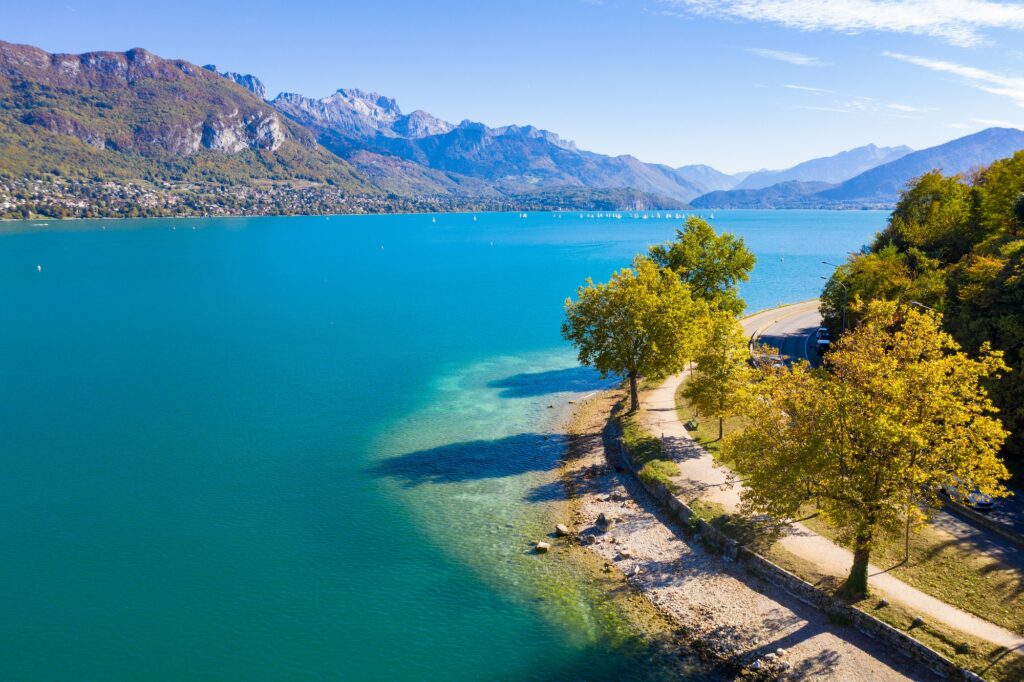 Aerial view of Annecy lake waterfront in France