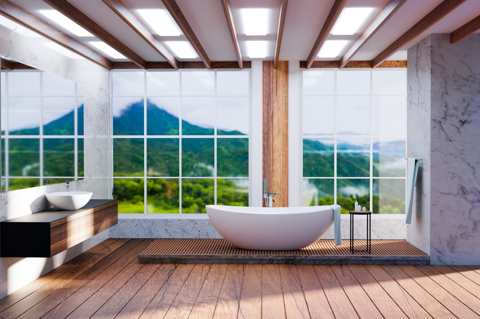 luxury toilet design with wide angle view, 3d illustration rendering